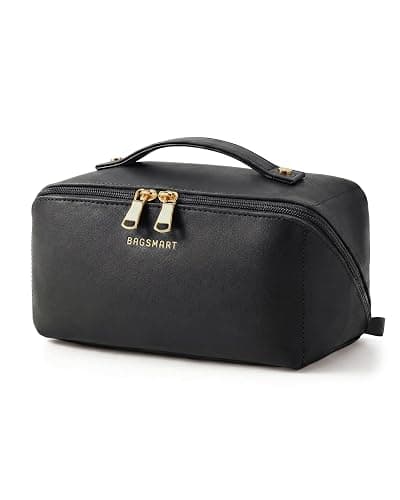 BAGSMART Makeup Bag Travel Cosmetic Bag,Women Toiletry Case, Brushes, Black | Make Up Bag Flat Open Toiletry Bag for Women, PU Leather Travel Essentials Wide-open Skincare,Brushes Organizer Case Large - Image 1