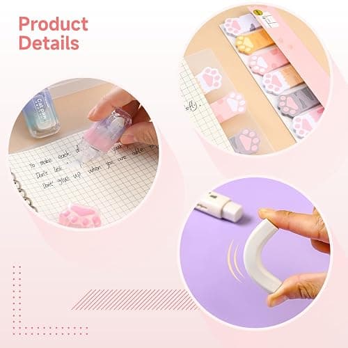 Cat Paw Stationery Set 10 Pieces, Kawaii School Office Supplies Kit, Cute Paw Print Design Highlighters, Ruler, Box Cutter, Writing Accessories for Students, Pink White Theme thumbnail 5