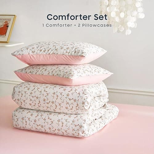 Wake In Cloud - Floral Comforter Set, Coquette Cottagecore Aesthetic Cute Flower Pattern for Women Teen Girls, Soft Lightweight Dorm Bedding, 3 Piece, Pink, Queen Size thumbnail 3