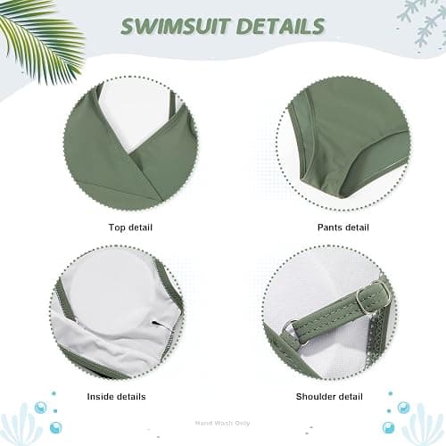 URMAGIC Girls 3 Piece Swimsuits Bathing Suit Cute Ruffle Floral Print Bikini Set with Skirt Kids Swimwear Size 9-14 Years - 11-12 Years - Green Feather thumbnail 5