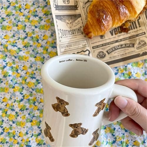 Heardbeli Women Girls Creamy White Cartoon Bear Mugs Ceramic Coffee Mug Water Cup 350ML/12OZ. Cute Funny Novelty Gift thumbnail 7