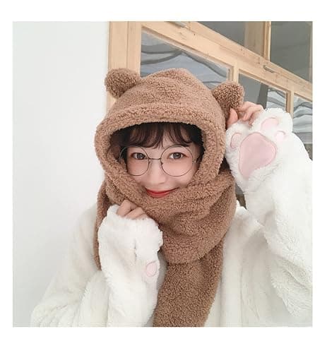 Women Kawaii Bear Ear Beanie Hat Scarf 2 in 1 - Cute Winter Warm Sherpa Thicken Fleece Fuzzy Japanese Fluffy Knit Hat Cap thumbnail 6