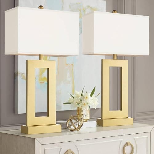 360 Lighting Marshall 30" Tall Open Rectangle Large Modern Luxe Glam End Table Lamps Set of 2 Gold Finish Metal White Shade Living Room Bedroom Bedside Nightstand House Office Home Kitchen - Image 1