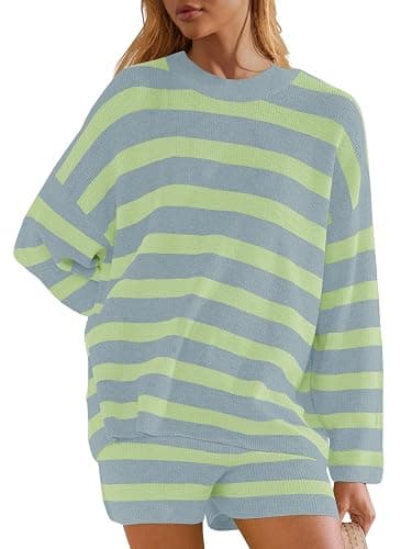 Panadila Womens Striped Sweater Set Oversized Lounge Sets Matching Pajamas Long Sleeve Sweater Top and Shorts thumbnail 2