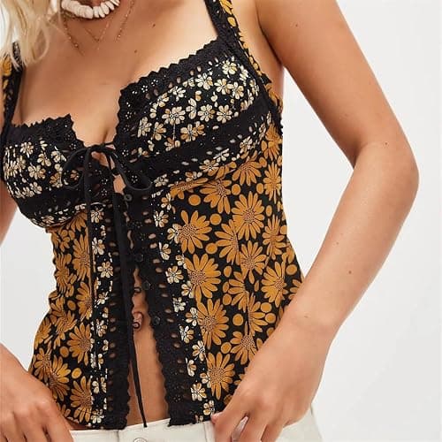 Women Breathable Floral Button Down Crop Tank Top Backless Front Tie Ruffle Trim For Summer Sexy Smocked Sleeveless thumbnail 6