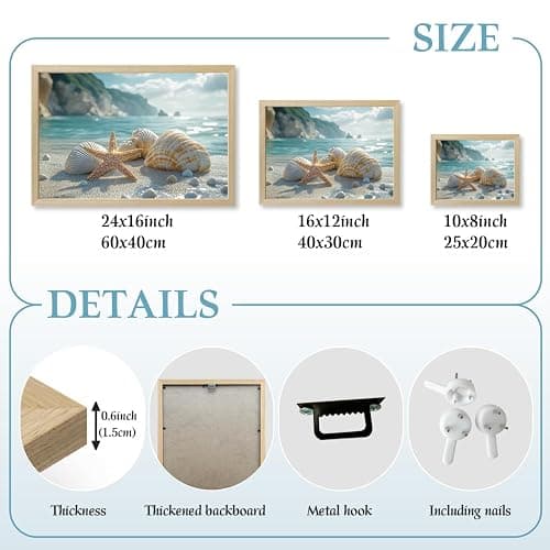 Clicyre Coastal Wall Art for Bathroom, Blue Ocean Beach Canvas Prints, Seaside Starfish & Seashell Decor, Nautical Sand Seascape Pictures for Bedroom Living Room Home Decoration Wood Framed 12x16 Inch thumbnail 7