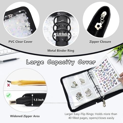 Ruatu Sticker Storage Organizer Binder A5 Sticker Collecting Book Reusable Zipper Album with Clear Laser Star Cover and Pocket Pages (Black) thumbnail 3