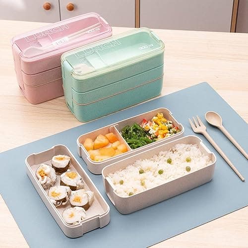 Rarapop 2 Pack Stackable Bento Box Japanese Lunch Box Kit with Spoon & Fork, 3-In-1 Compartment Wheat Straw Meal Prep Containers for Kids & Adults (Pink/Beige) thumbnail 2