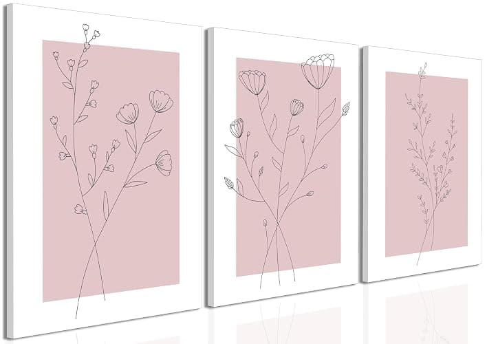 WARTHZ Pink Flower Wall Art Light Pink and White Botanical Line Pictures Wall Decor Painting Set of 3 Floral Plant Poster Canvas Print for Girl Bedroom Living Room Framed 16x24 inch - Image 1