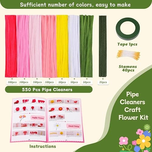 550 Pcs Pipe Cleaners Craft, 7 Colors Chenille Stems Pipe Cleaners Flower Kit, Pipe Cleaner Bulk Flower Making Crafts Kit with Supplies, Instructions for Festival Home Decor thumbnail 2