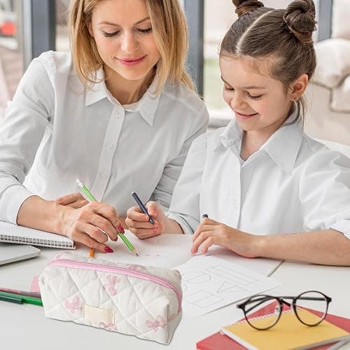 Bow Pattern Stationery Bag,Portable Aesthetic Bows Pattern Stationery Bag,Cosmetic Organizer, Portable Case for Students thumbnail 9