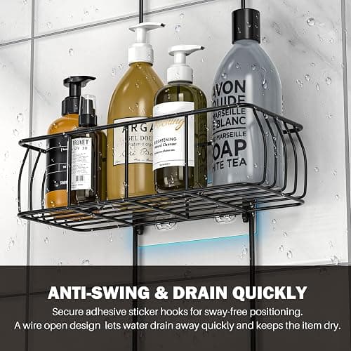 Epicano Shower Caddy Hanging, Anti-Swing Over Head Shower Caddy Rustproof with Hooks for Towels, Sponge and More, Matte Black thumbnail 7