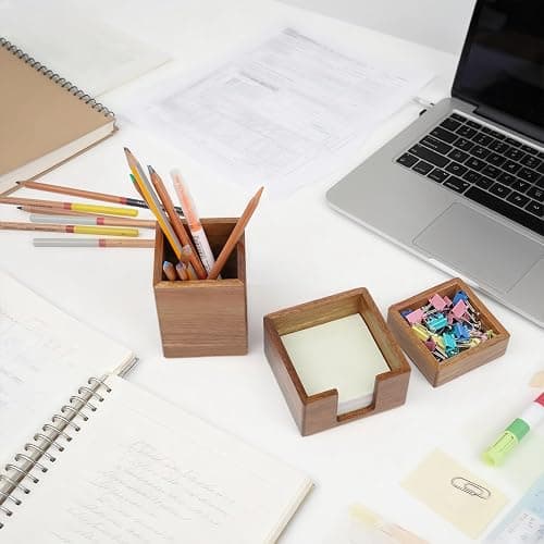 RAWILL 3 PCS Brown Wooden Desk Organizer Set Pine Wood Office Desk Accessories with Pen Holder, Paperclip Storage and Sticky Note Holder, Wood Grain Clear, Ideal Gift for Office and Family thumbnail 2