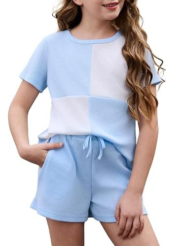 blibean Girls Summer Clothes Sets Waffle Colorblock Outfits Size 6-15 Years | Kids 2 Piece Short Sleeve Shirt Shorts Suits, Fashion Contrast, Round Neck,With Pockets,Back to School ,Casual - Image 1