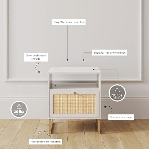 Nathan James Mina Rattan Wood End Side Accent Table Nightstand with Storage for Living Room or Bedroom, 1, White/Gold thumbnail 4