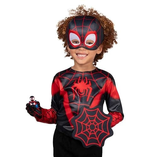 Marvel Spidey and Spin Official Toddler Dress-Up Set - Long-Sleeved Costume Tops with Fabric Half Masks, Gloves, Fabric Web Shields, and Mini Vehicles (3-4T) thumbnail 8
