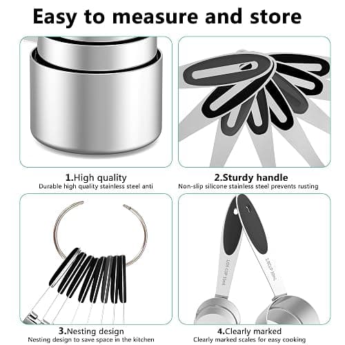 Minteem Measuring Cups and Spoons Set, 21 Pieces Stainless Steel Measuring Cups Measuring Spoons Set with Black Silicone Handle, Nesting Measuring Cup Spoon for Dry or Liquid Ingredients thumbnail 6