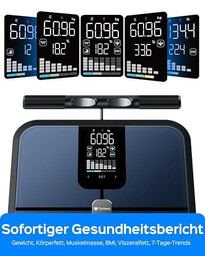 Tychesy Körperfettwaage mit Handsensoren, Digitale Personenwaage mit Körperfettanalyse, Smart Waage mit 8 Elektroden für Körperfett und Muskelmasse, BMI, und 28 Körpermesswerte, 180 kg thumbnail 2