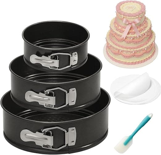 OAMCEG Backformen Springform Set 3 Stück – 10cm/18cm/22cm Runde Kuchenform aus Kohlenstoffstahl, Antihaftbeschichte & Auslaufsicher – Käsekuchenform mit 50 Pergament Backpapier & 1 Silikonspatel - Image 1
