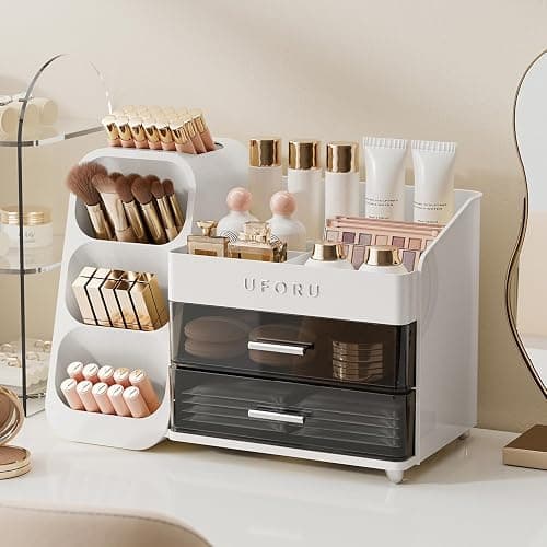 UFORU Makeup Organizer for Vanity with Brush Holder, Countertop Skincare Organizer with 2 Drawers, Spacious Cosmetic Display Case for Perfumes, Eyeshadow Palettes, Nail Polishes thumbnail 2
