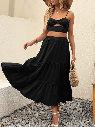 ANRABESS Women’s Summer Boho Flowy Swing Tiered A-Line Maxi Skirt 2026 Fashion Trendy Elastic Waist Pleated Long Beach Dress thumbnail 3
