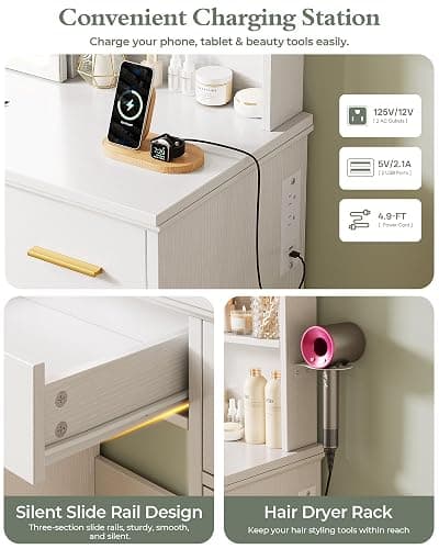Memobarco 43.5-inch Large White Makeup Vanity Desk with Sliding Mirror | Smart LED Mirror, 3 Lighting Modes, Adjustable Brightness, 9 Shelves, 4 Drawers, 2 Cabinets, Power Outlets, Hairdryer-Rack thumbnail 4