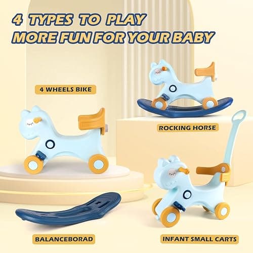 LLparty 4 in 1 Rocking Horse for Toddlers 1-3 Years Old, Baby Rocking Toy Fun Birthday Gift for 1+ Boys, Ride on Toy with Detachable Balance Board and Footrest, Balance Bike with Push Handle, Blue thumbnail 3