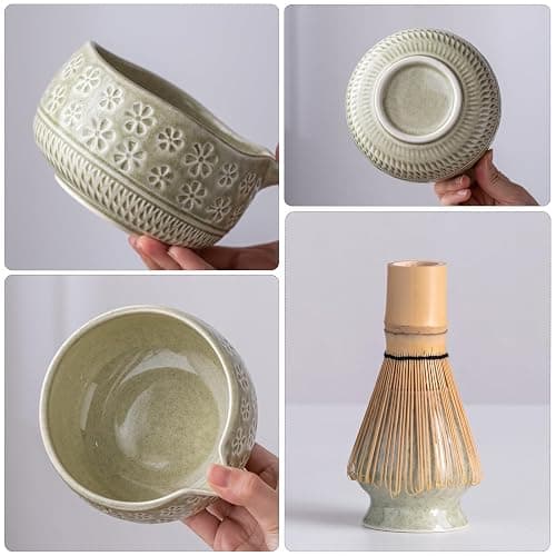 Buucup Matcha Whisk Set, Ceramic Matcha Kit Set Includes Matcha Bowl, Matcha Whisk and Holder, Bamboo Scoop, Scoop Rest, Sifter and Tea Towel - 7 Pcs Matcha Kit for Matcha Lovers (Mottled Green) thumbnail 5