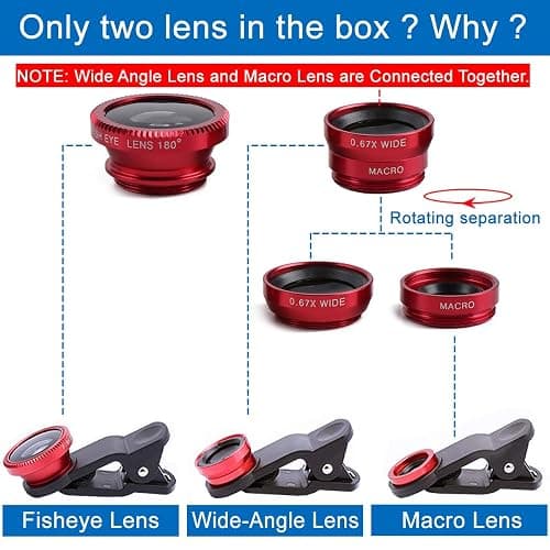 KINGMAS 3 in 1 Universal Fish Eye Lens + Wide-Angle Lens + Macro Clip Camera Lens Kit for iPad iPhone Samsung Android and Most Smartphones red thumbnail 3