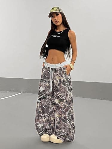 SOLY HUX Women's Camo Pants Wide Leg Baggy Sweatpants Elastic Waist Drawstring Loose Pants Trendy Y2K Drawstring Trousers thumbnail 5