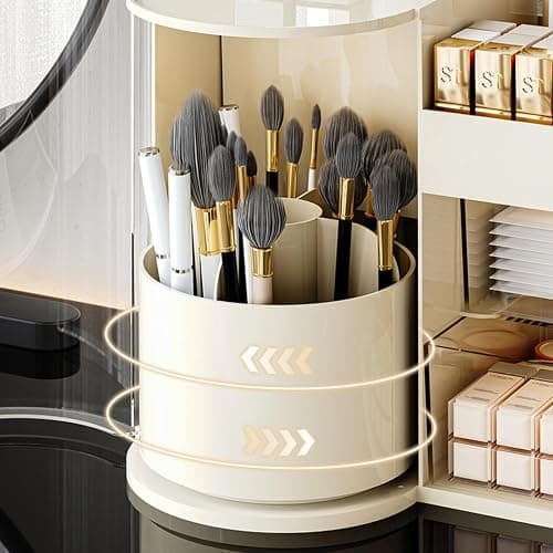 Makeup Organizer with Rotating Brush Holder Cosmetic Organizer with Drawers Countertop Skincare Organizer for Vanity,Cosmetic Display Case Storage (White, Large) thumbnail 6