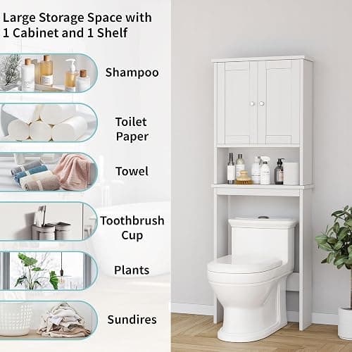 Shintenchi Over the Toilet Storage Cabinet, Bathroom Shelf Organizer with Anti-Tip Device Small Freestanding Space Saver with Adjustable Shelf，White thumbnail 4