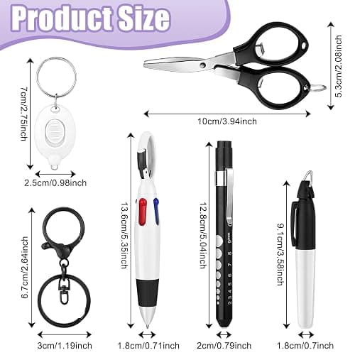 12 pcs Nurse Pen Set Two Colors Black Silver Include Permanent Marker Pen Pen Lights for Nurses Retractable Ballpoint Pen Nursing Keychain Clip Foldable Scissors LED Flashlight Keychain for Nurses thumbnail 3