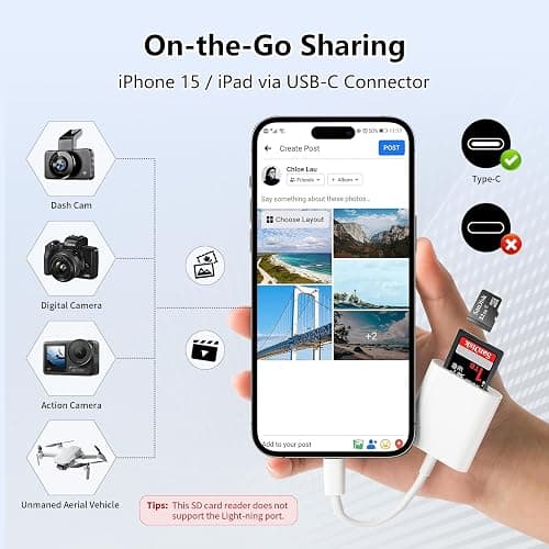 SD Card Reader for iPhone17/16/15,Support SD, Micro SD | USB C Memory Card Reader,Digital Camera Adapter to MacBook/USB-C Laptop thumbnail 4