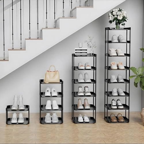 Altdnmaf 6 Tier Vertical Narrow Shoe Rack, Stackable Tall Skinny Shoerack, Compact Single Shoes Storage Tower for Slim Space, Corner Plastic Shelves, for Hallways, Entryway, Bedrooms Organizer, Black thumbnail 2