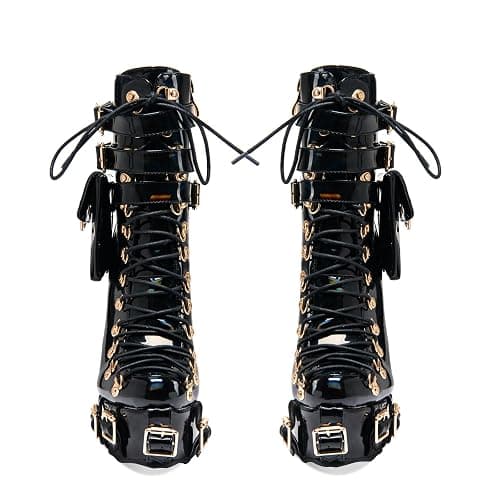 Heronticy Women's Black Patent Lace-Up Ankle Bootie with Gold Buckles, Platform Wedge Heel, and Side Zipper thumbnail 3