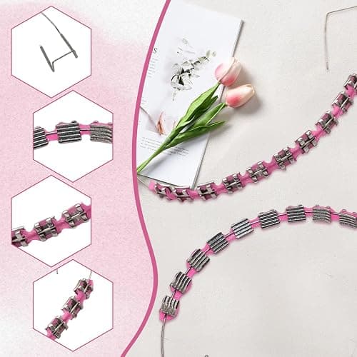 Fake Braces 2-Pcs Set Temporary Tooth Decoration with Metal Wires, Metal Brackets and Orthodontic Bands, Suitable for Orthodontists to Explain, for Dental Students to Practice (Pink) thumbnail 3