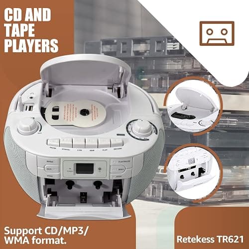 Retekess TR621 CD and Cassette Player Combo, Boombox CD Player for Home, AM/FM, Tape Recording, TF/USB Drive, AC or D Battery Powered, Headphone Jack, Stereo Sound (White) thumbnail 2