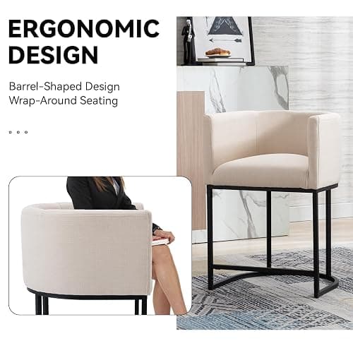 RIVOVA Contemporary Cream Linen Bar Stools Set of 3, 24" Upholstered Fabric Counter Height Barstools Kitchen Counter Island Stools with Screwed Together Black Metal Base thumbnail 4