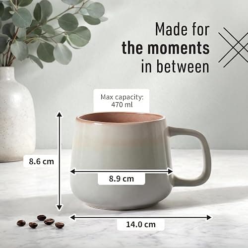 Ava Nord Large Ceramic Coffee Mugs Set of 4 | 470 ml Stoneware Coffee Cups | Lead-Free, Non-Toxic | Microwave and Dishwasher Safe | Comfortable Handle | Nordic Design for Tea, Cocoa, Latte | Sage Ash thumbnail 3