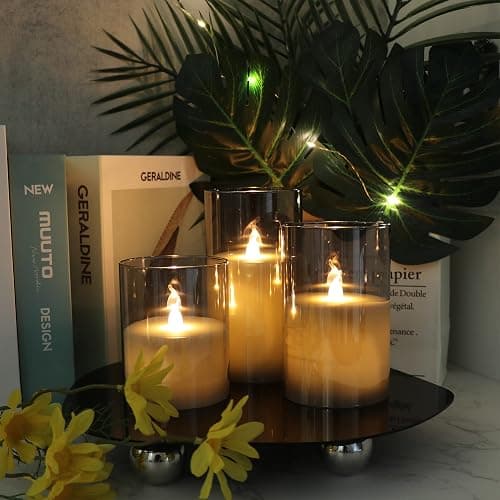 GenSwin Gray Glass Battery Operated Flameless Led Candles with 10-Key Remote and Timer, Real Wax Candles Warm White Flickering Light for Home Decoration(Set of 3) - Gray thumbnail 3