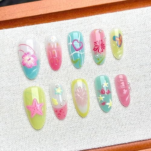 30Pcs Summer Press on Nails Almond Fake Nails Colorful Shell Starfish Flower Butterfly Heart Design Summer Beach Glue on Nails 3D Pearl Floral Acrylic Nails Press ons False Nails for Women thumbnail 2