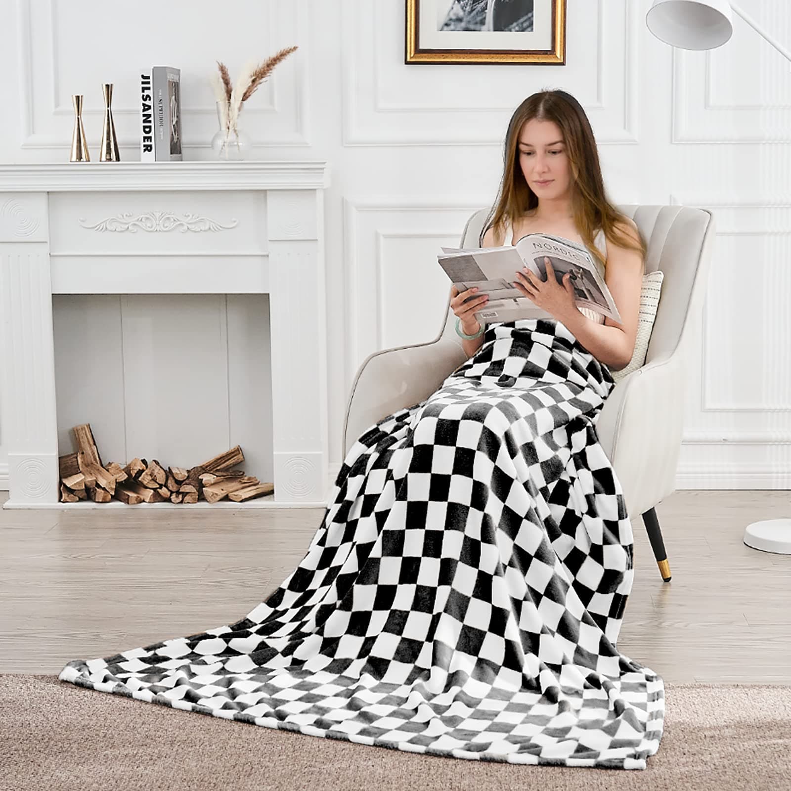 Edenleaf Checkered Blanket Flannel Throw Blankets Soft Cozy Checkered Grid Print Chessboard Gingham Pattern Blankets for Bed Sofa Couch for All Seasons（Black，50"×60"） thumbnail 6
