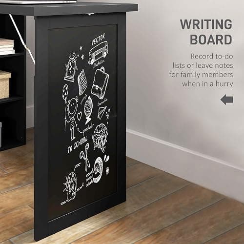 HOMCOM Fold-Out Convertible Writing Table, Computer Desk with Blackboard and Side Shelf Multi-Function Home Office Workstation, Black thumbnail 6