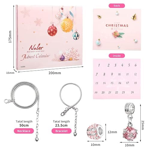 Naler Advent Calendars 2025, Advent Jewelry Pendant Charms Gift for Girls Women DIY Fashion Bracelet Necklace Xmas Countdown Countdown Calendar Gifts, Pink thumbnail 3