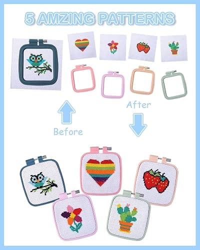 Pllieay 5PCS Cross Stitch Kits for Kids 7-13, Includes 5 Project Patterned and 5pcs Square Embroidery Hoops, 11 Skeins, Needle Point Starter Kit Sewing Set with Instructions thumbnail 3