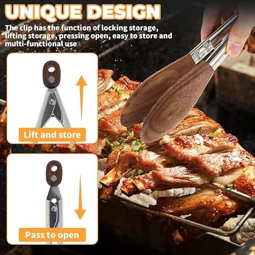 Wooden Tongs for Cooking & Serving Food, Stainless Steel Salad Tongs with Walnut Wood Tip, Anti-Slip Long Handle Wooden Kitchen Tongs Heat Resistant, Smooth Locking & Hanging Cooking Utensils Set of 2 thumbnail 4