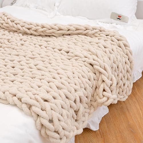 GYHH Plaid Tricot Grosse Maille Pelote Laine Jette,Couverture en Chenille Grosse Maille, Chaude Et Confortable, Faite à La Main, pour Canapé, Lit, Décoration D'intérieur (Beige,50x50CM) - Image 1