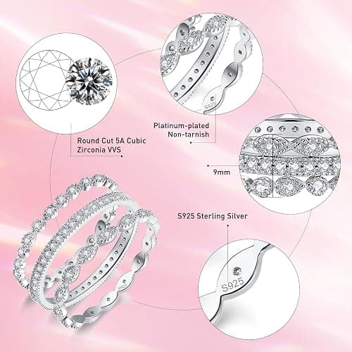 AVECON 3 PCS 925 Sterling Silver Stackable Engagement Rings Set Cubic Zirconia Eternity Bands Wedding Promise Rings for Women Size 5-10 thumbnail 2