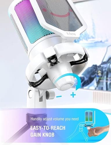 FIFINE AmpliGame USB Microphone, PC Gaming Recording Desktop Laptop Mic, RGB Streaming Podcasting Condenser Mic for Online Game, Vocal, with Mute Button, Gain Knob, Tripod Stand-A6V White thumbnail 3
